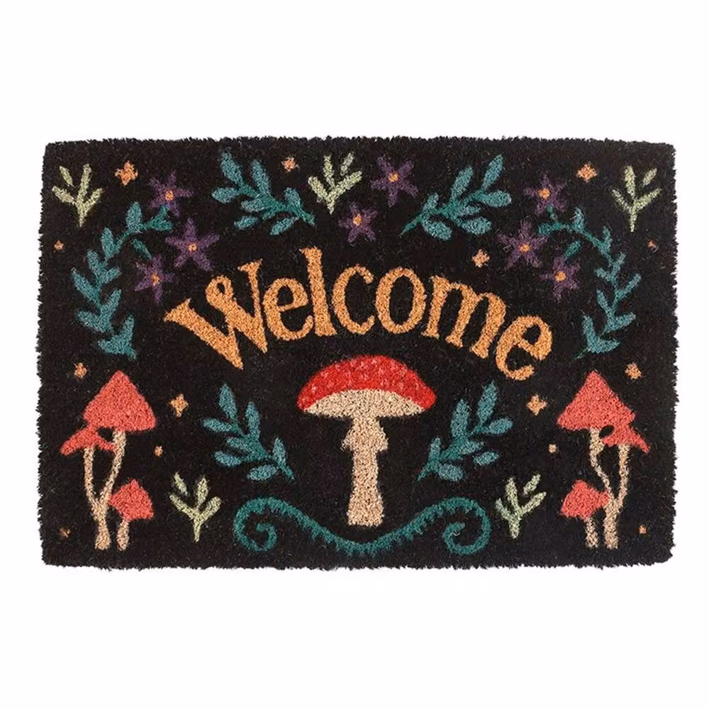 Uniqueful Black and Multicolour Mushroom Graphic Coir Welcome Doormat, Width: 100 cm – 3