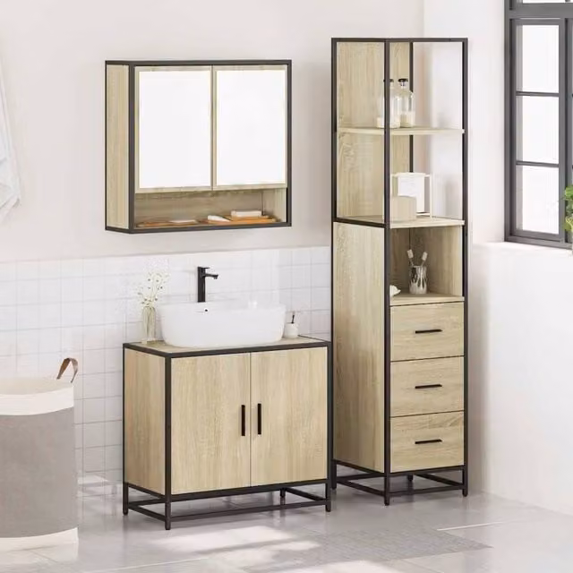 Berkfield Home 3 Piece Industrial Bathroom Furniture Set in Brown with Mirror Cabinet, Vanity Unit and Tall Cabinet – 1