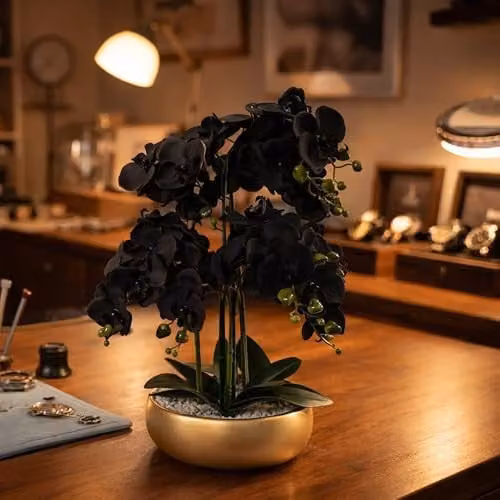 Leaf Design UK Realistic Artificial Orchid Flower Display in a Green, Black and Gold Ceramic Planter, Height: 60 cm, Width: 40 cm, Depth: 40 cm – 2