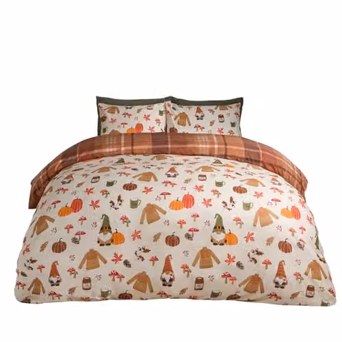 OHS Reversible Autumn Gonk Checked Duvet Cover Set with Pillowcases, Beige and Orange, W/D/H: 220 x 230 x 230 cm, Pillowcase: 50 x 75 cm, Duvet Cover: 180 x 200 cm – 1