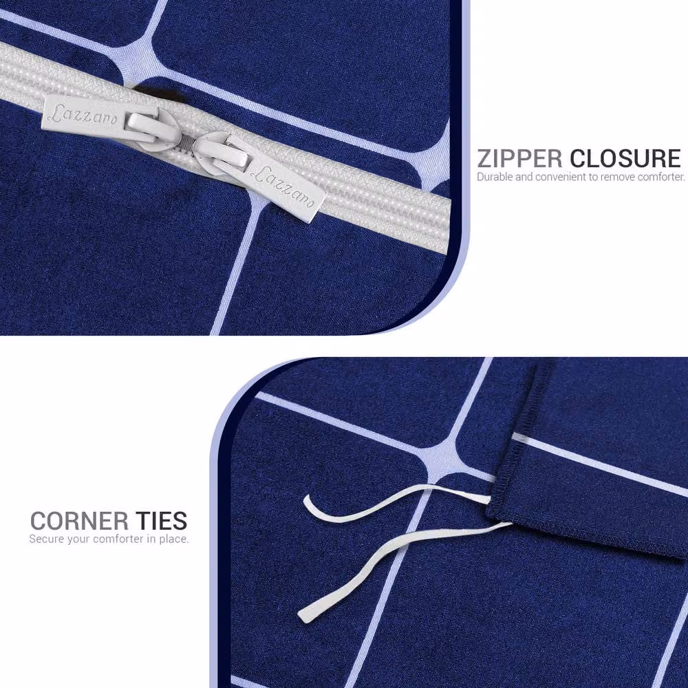 Lazzaro Home Double Brushed Microfibre Checkered Reversible Duvet Cover and Pillowcase Set in Blue, W: 200 cm x H: 200 cm – 5