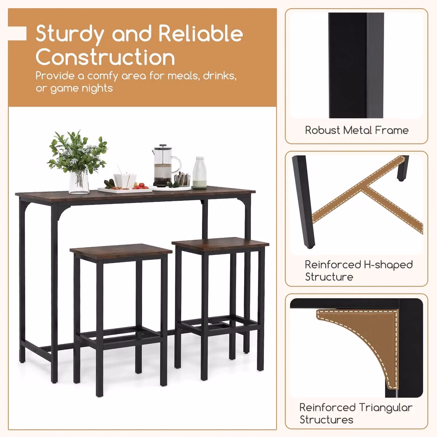 Gymax 3-Piece Industrial Dining Table Set with Counter-Height Rectangular Table and Chairs in Brown – 3