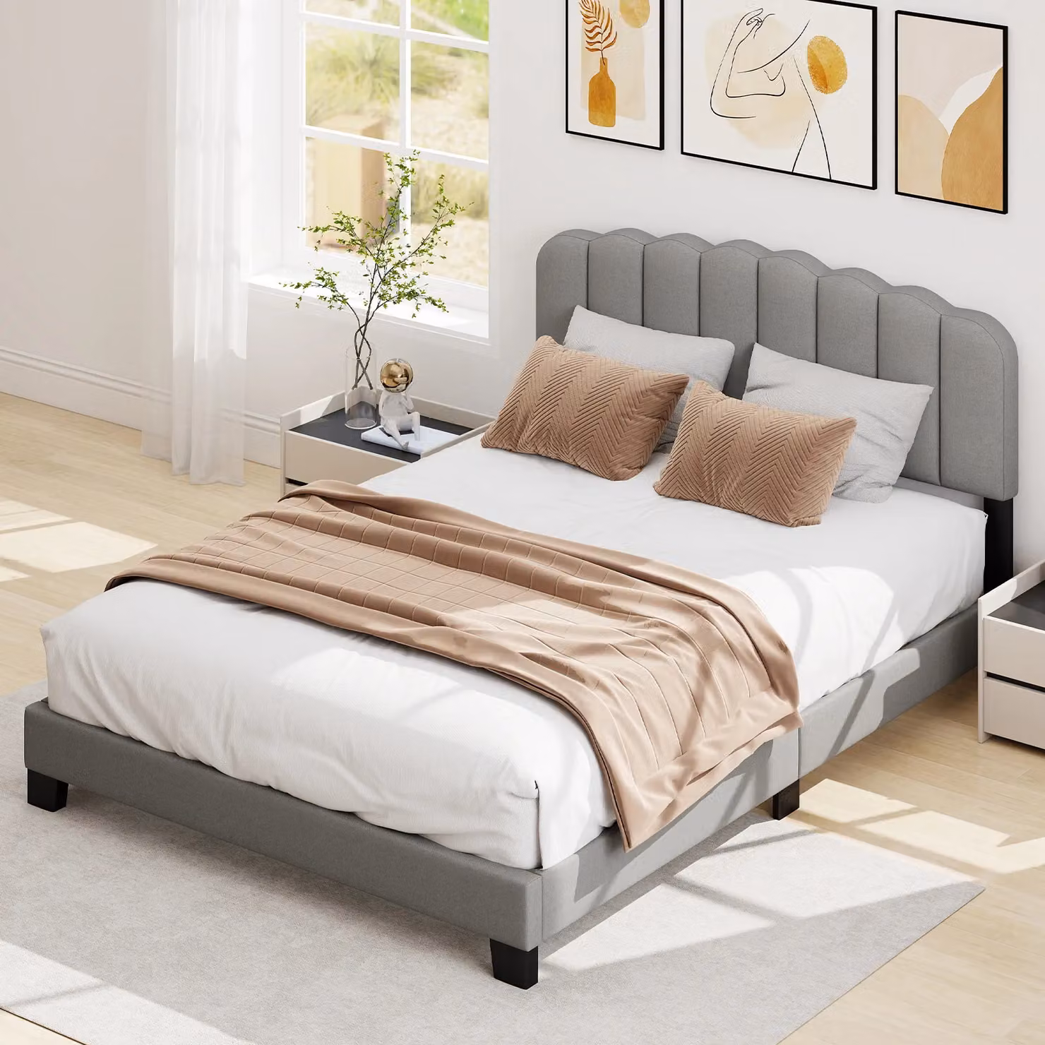 Costway Double Size Linen Upholstered Platform Bed Frame in Grey, W/D/H: 140 x 200 cm – 5