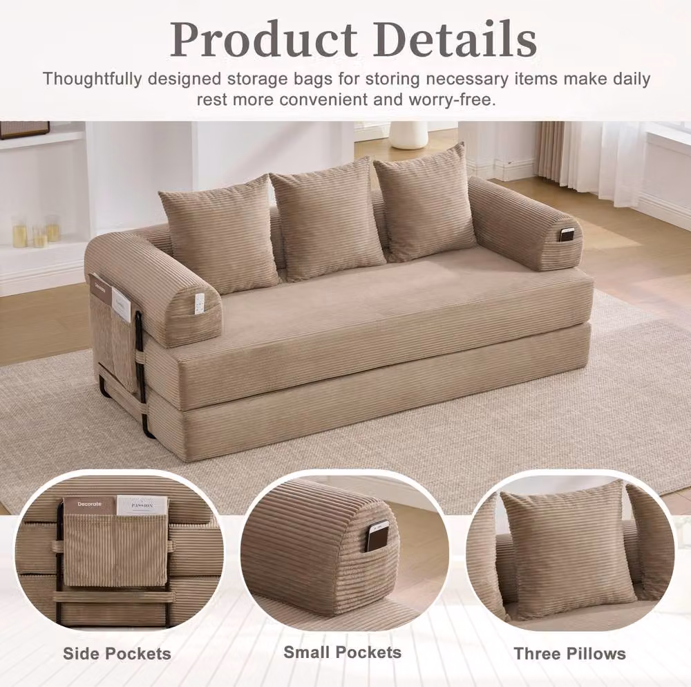 STILVORA Modular Upholstered Sofa with Metal Frame and Pull Out Drawer in Beige – 3