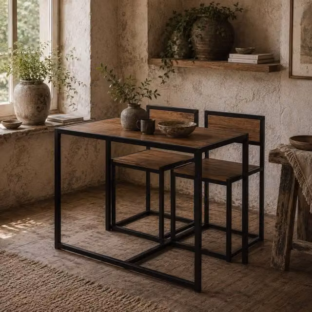 Wyld Haus Lottopa 3 Piece Compact Dining Set in Natural Wood Effect and Black Steel – 1