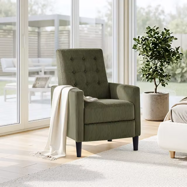 Yaheetech Mid-Century Corduroy Adjustable Recliner Chaise Lounge in Dark Green with Solid Wood Frame and Armrests