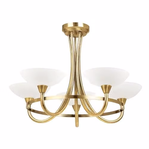ENDON Cagney 5 Light Semi Flush Ceiling Light in Gold/Brass with White Glass, G9