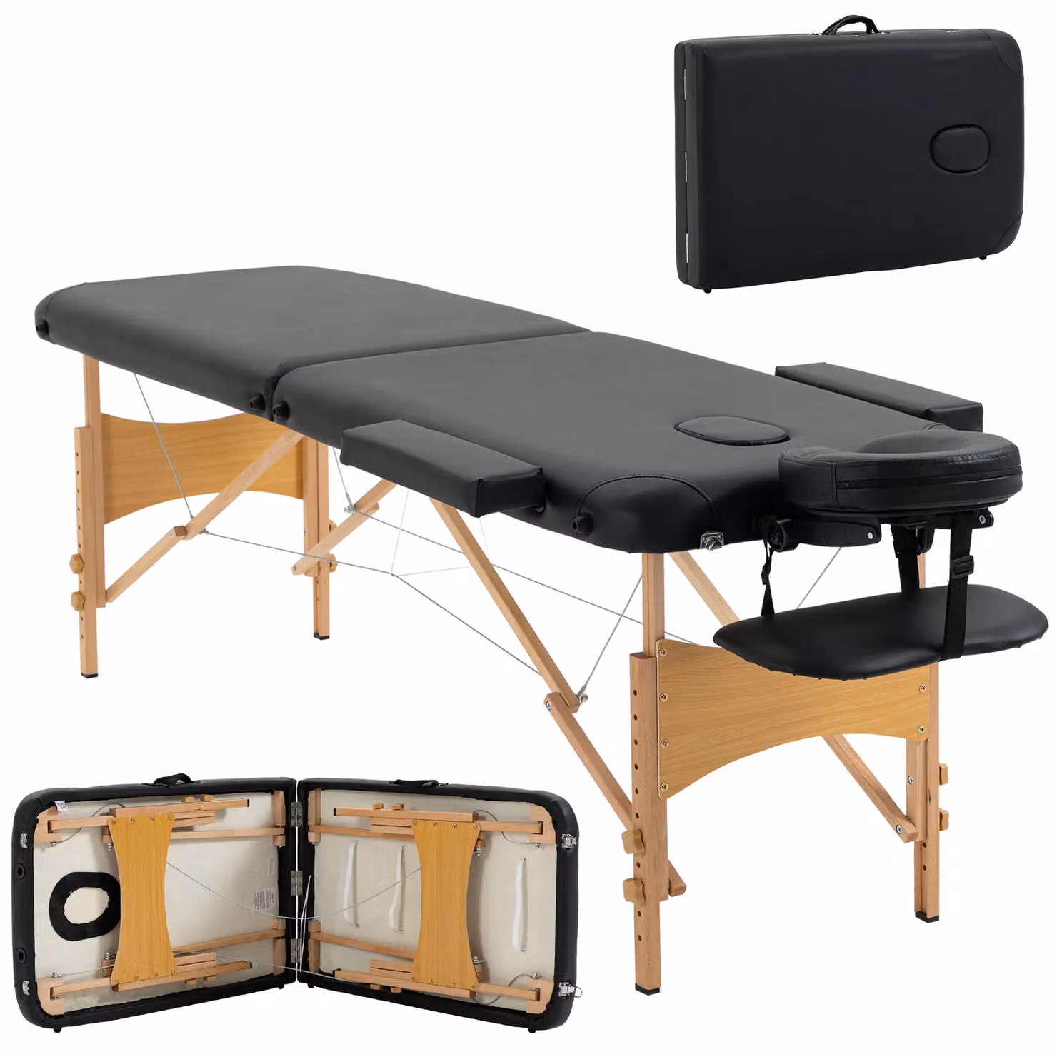 HOMCOM Wooden Folding Spa Beauty Massage Table with 2 Sections and Carry Bag, Black – 2
