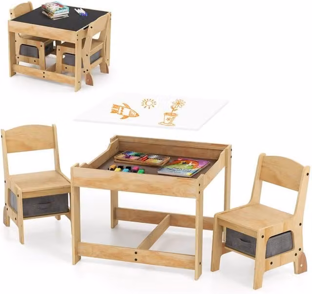 CASART 3 in 1 Kids Table and Chair Set in Natural Wood