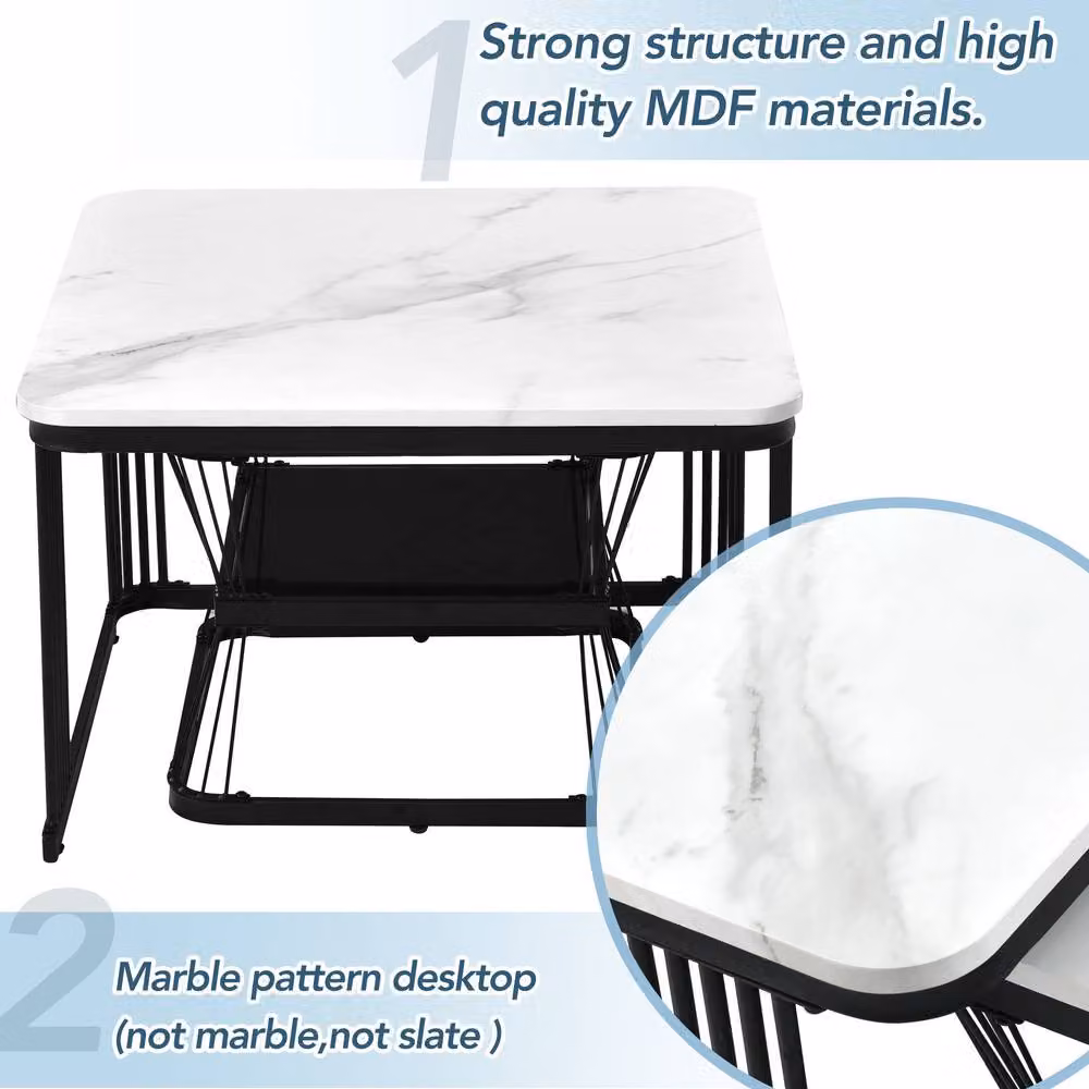 STILVORA Nest of 2 Square Coffee Tables with White Marble Effect MDF Tops and Metal Frame – 5