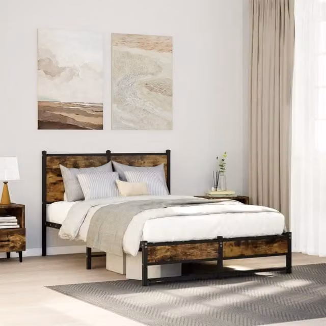 Berkfield Home Metal Bed Frame in Smoked Oak Brown, W/D/H: 120 x 200 cm