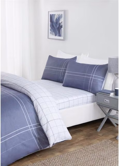 Rapport Home Hudson Check Duvet Cover, Pillowcase and Fitted Sheet Set in Blue and White, King Size (Duvet Cover: 180 x 200 cm, Pillowcase: 50 x 75 cm)