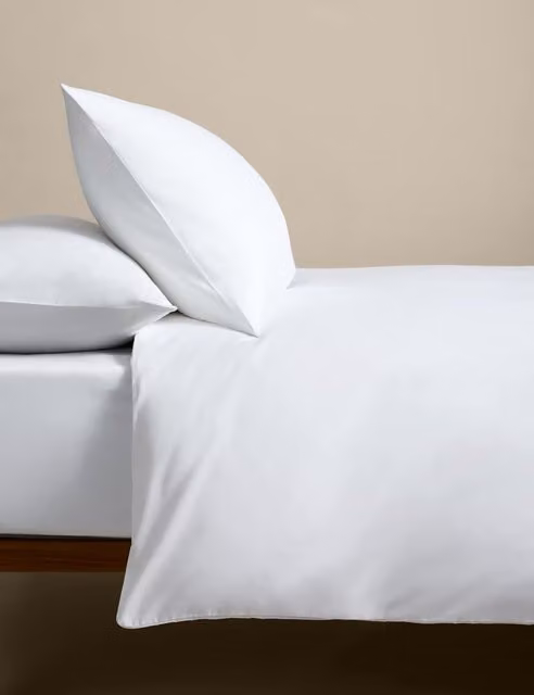 M&S Classic Plain White Cotton Blend Non Iron Bedding Set with Pillowcase, W: 140 cm, L: 200 cm