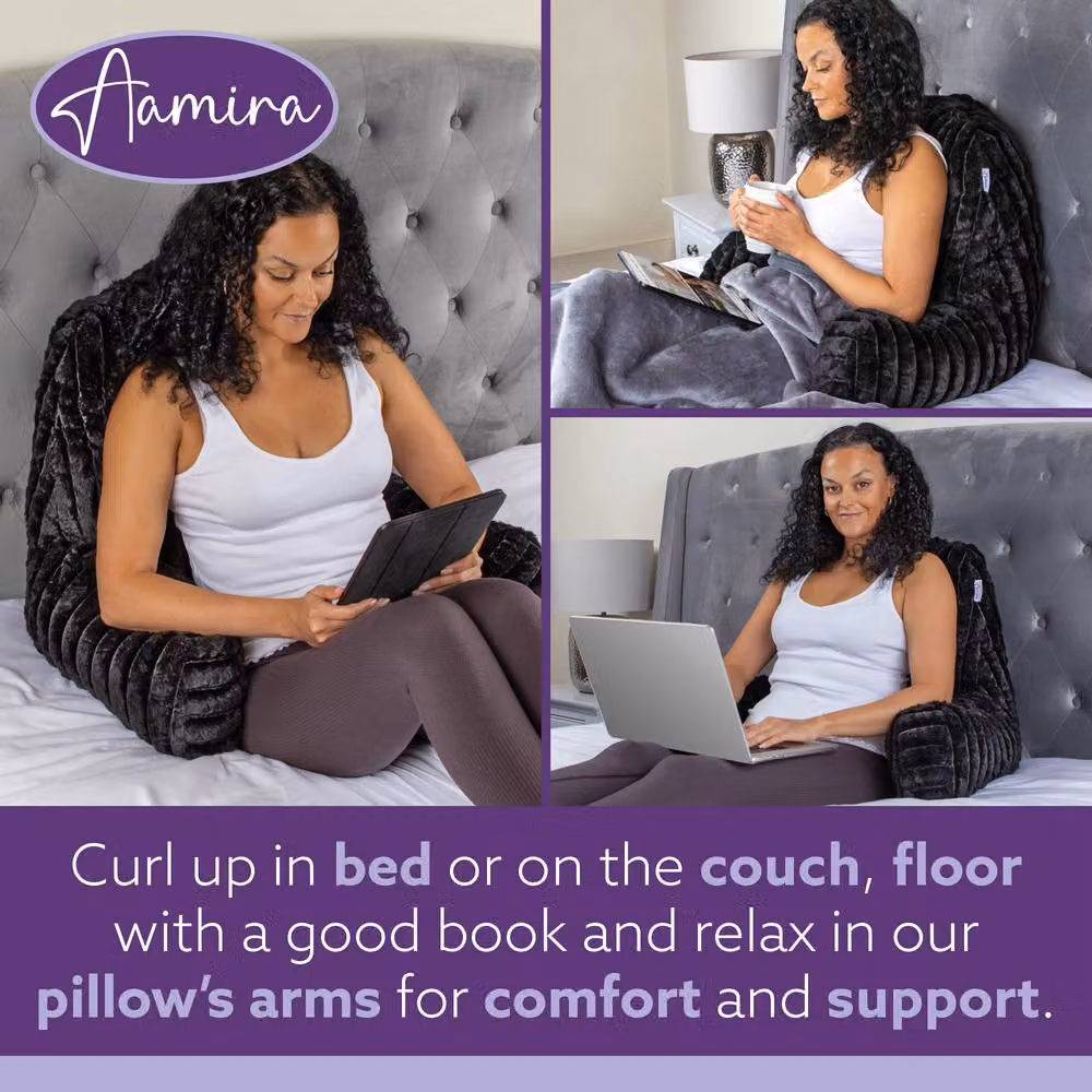 Aamira Black Faux Fur Ribbed Memory Foam Wedge Reading Pillow Support Cushion – 3