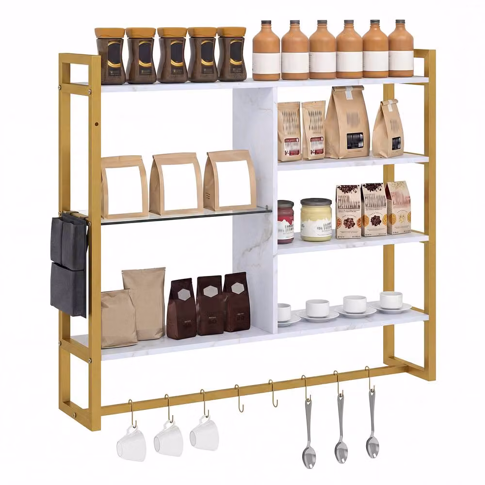 Gymax 6-Tier Wall Mounted Shelf with 8 S-Hooks, White and Gold Faux Marble Surface, Height: 107 cm – 2