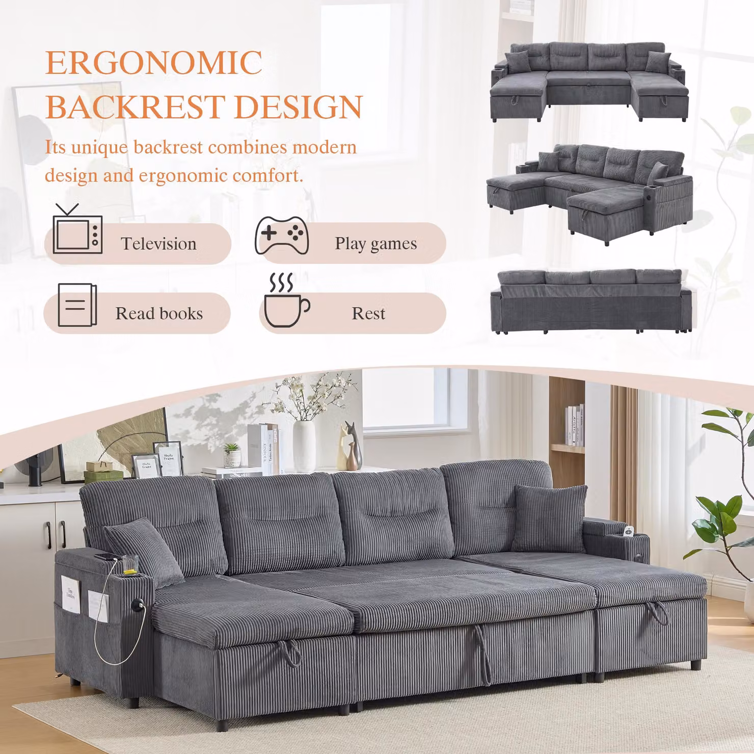 Aosom UK Contemporary 4-Seater U-Shaped Fabric Sofa in Grey with 2 Chaise Longues, Cup Holders, USB Charging and Sleeping Function, W: 272 cm, D: 136 cm, H: 86 cm – 6