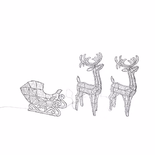 Lights4fun Swinsty LED Reindeer and Sleigh Outdoor Christmas Decoration, White and Transparent, Height: 70 cm – 2