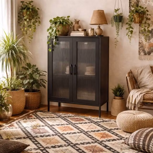 Wyld Haus Barla Black Steel Industrial Cabinet with 2 Reeded Glass Doors