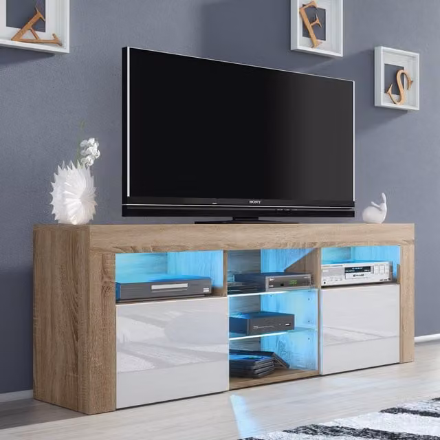 Creative Furniture Pulse Modern Glossy TV Unit in Oak and White, W: 145 cm, D: 35 cm, H: 53 cm