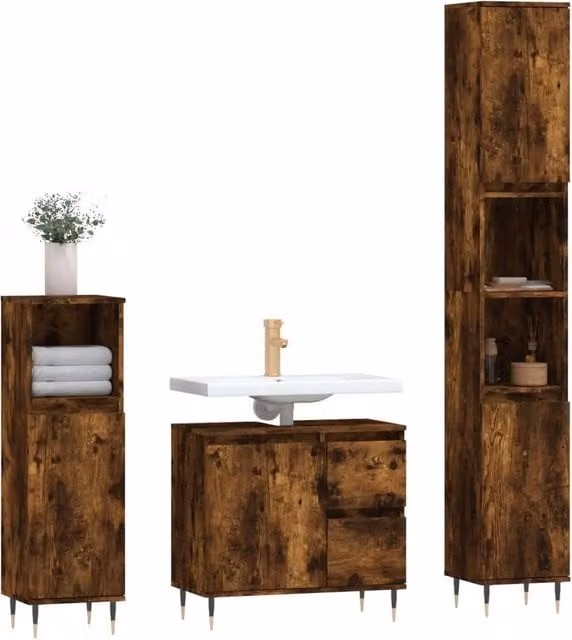 Berkfield Home Modern 3 Piece Brown Smoked Oak Bathroom Furniture Set with Vanity Unit, Side Cabinet and Tall Cabinet – 1