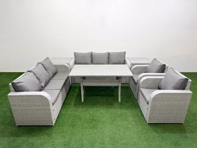 Fimous PE Rattan High Back Lounge Sofa Set with 3 Seater Sofa, Reclining Chair, Rectangular Dining Table and 2 Side Tables in Light Grey