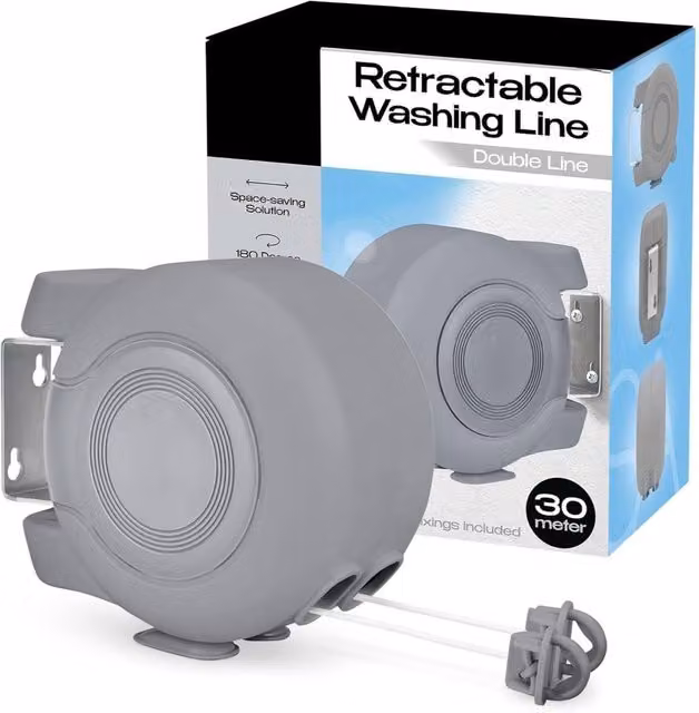 Tanness 30m Wall Mounted Twin Cable Retractable Washing Line in Grey