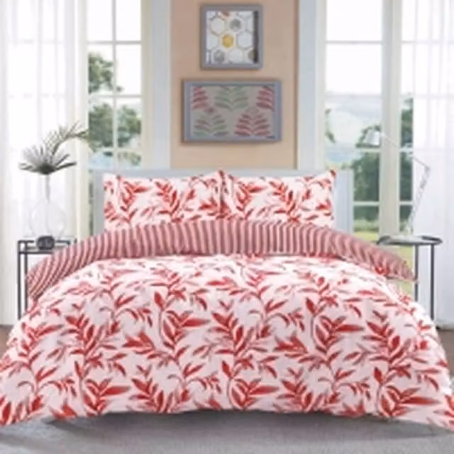 Homes-Linen Ellie Leaf Reversible Floral Duvet Cover Set in Red, Single (90 x 200 cm)