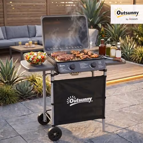 Outsunny 2 Burner Propane Gas Barbecue Grill with Trolley, 5.6 kW, Grey – 2
