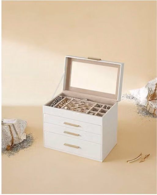 SONGMICS 4-Tier Jewellery Box Organiser with Glass Lid, White and Gold