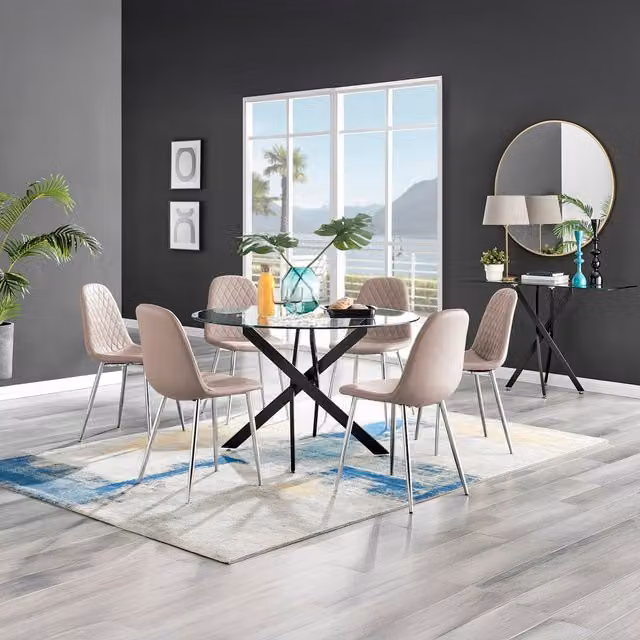 FurnitureboxUK Novara Round Glass Dining Table with 6 Corona Silver Chairs in Cappuccino, Diameter: 120 cm