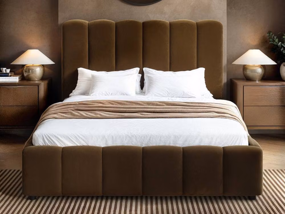 Solace+Co Emilie Ribbed Ottoman Bed in Brown Velvet and Bouclé, W/D/H: 140 x 200 x 114 cm (Height: 158 cm) – 2
