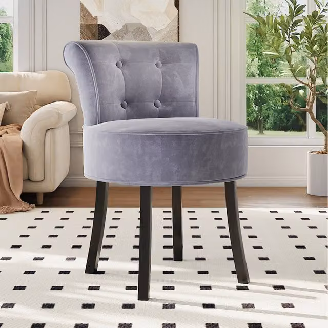 Komore Grey Velvet Upholstered Dressing Stool with Wood Frame