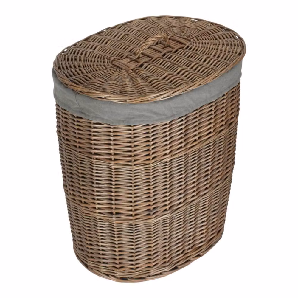 Red Hamper Small Oval Willow Laundry Basket in Brown with Grey Cotton Lined Removable Bag – 2