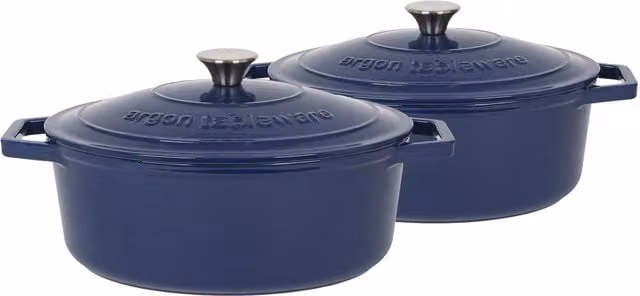 Argon Tableware 2x Oval Cast Iron Casserole Dishes with Self Basting Lids, Blue, 4.68L