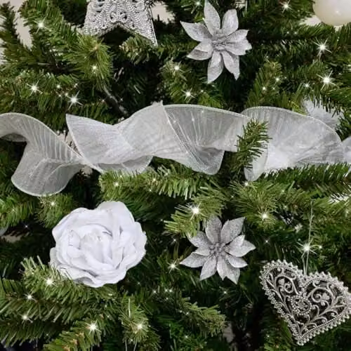 Melody Maison Silver Sparkle Ruffle Christmas Tree Ribbon, 270 cm