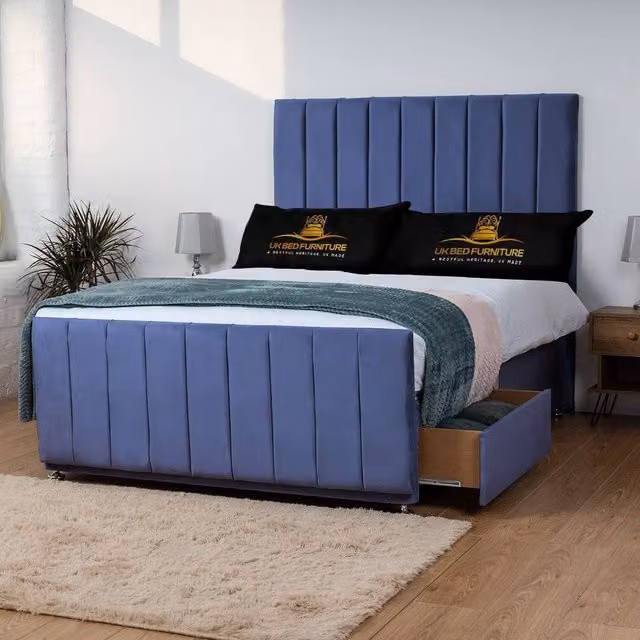 UK Bed Furniture Hampton Blue Fabric Upholstered Divan Bed with 4 Drawers and 26 Inch Headboard, W/D/H: 200 x 200 cm