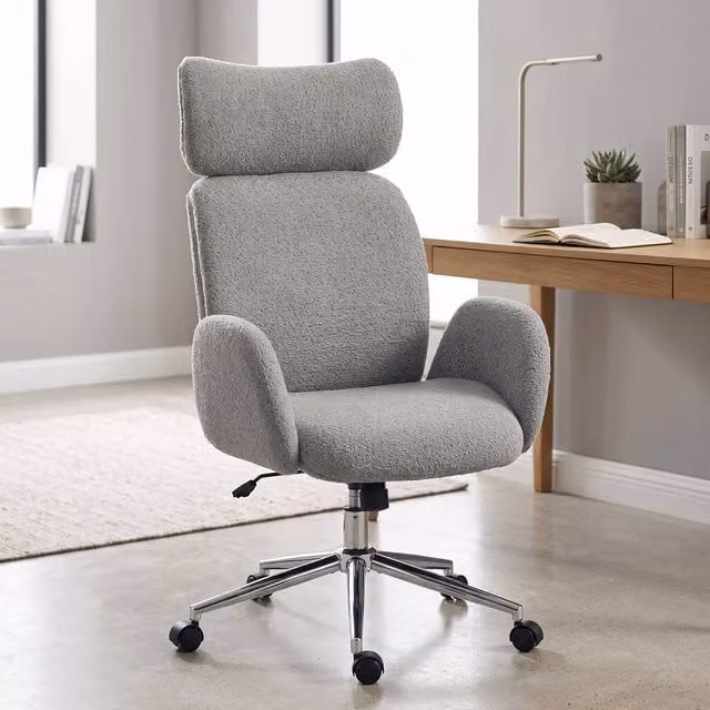 ERGOVEXA Ergonomic Swivel Office Chair with Adjustable Headrest in Grey Bouclé Fabric – 1