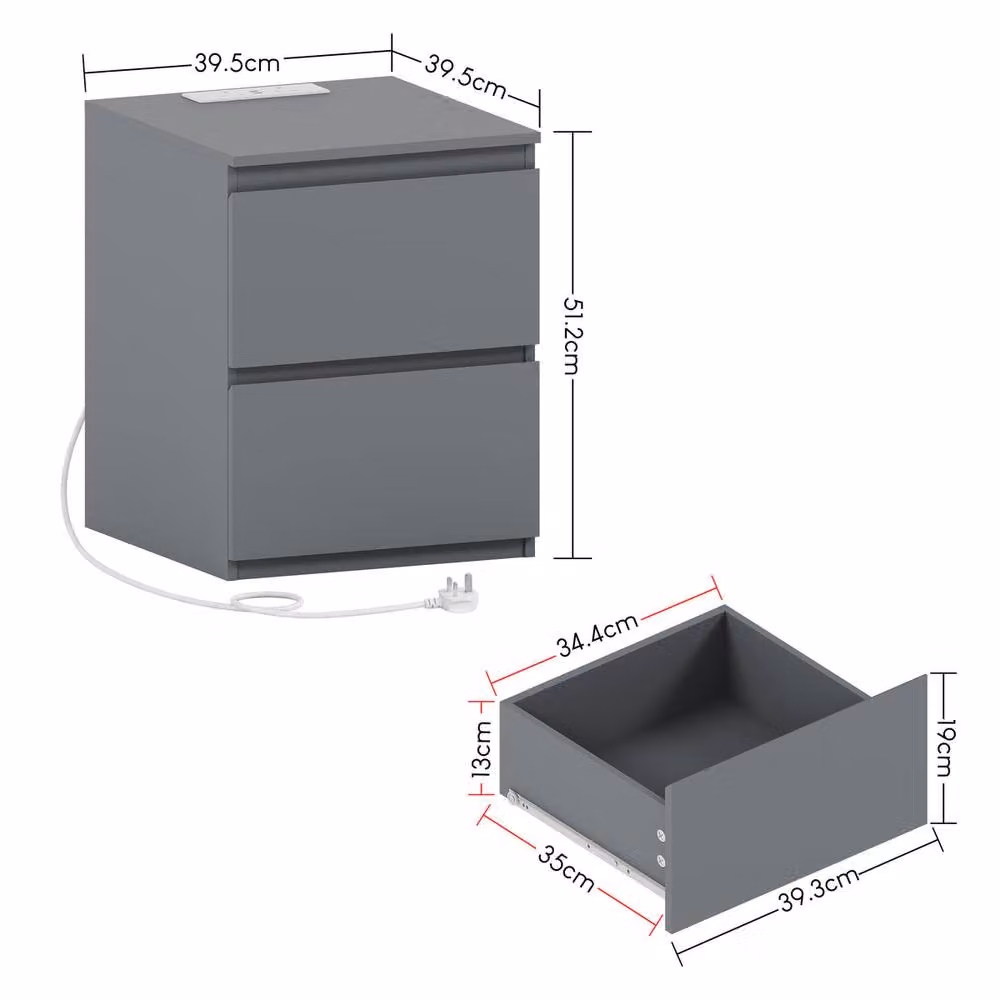 Vida Designs Denver 2 Drawer Large Bedside Chest with Power Outlet in Grey – 2