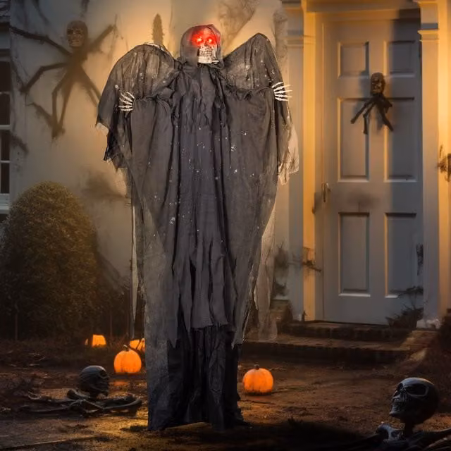 HOMCOM Winged Grim Reaper Animatronic Halloween Prop with Light Up Eyes in Grey – 1