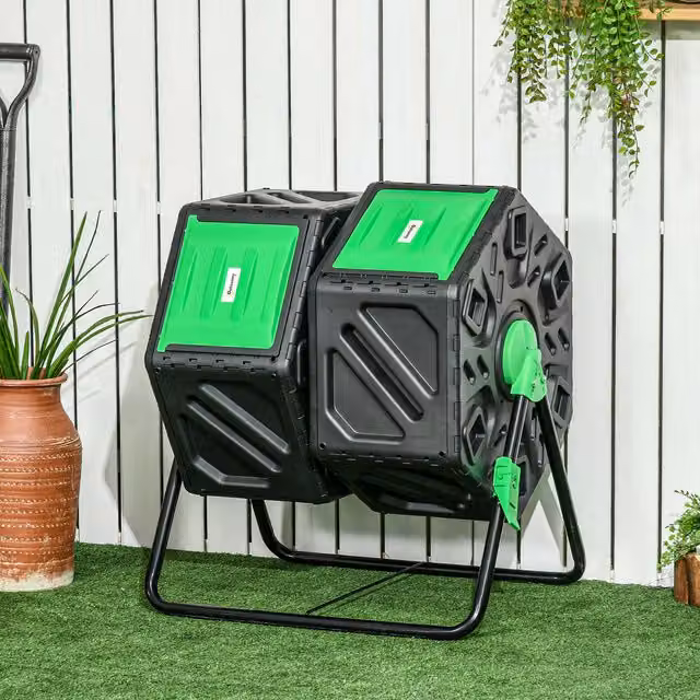 Outsunny Dual Chamber Rotating Garden Compost Bin, 130L, Green – 9