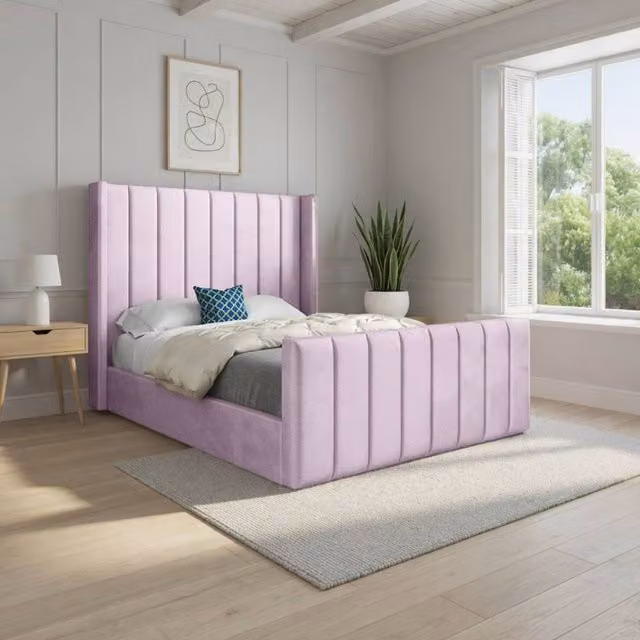 KDMD Strumpshaw Winged Upholstered Designer Bed Frame in Pink Soft Velvet, Size: Double (W: 140 cm, D: 200 cm) – 1