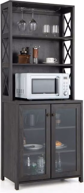Costway Tall Freestanding Bar Cabinet in Grey with Glass Doors