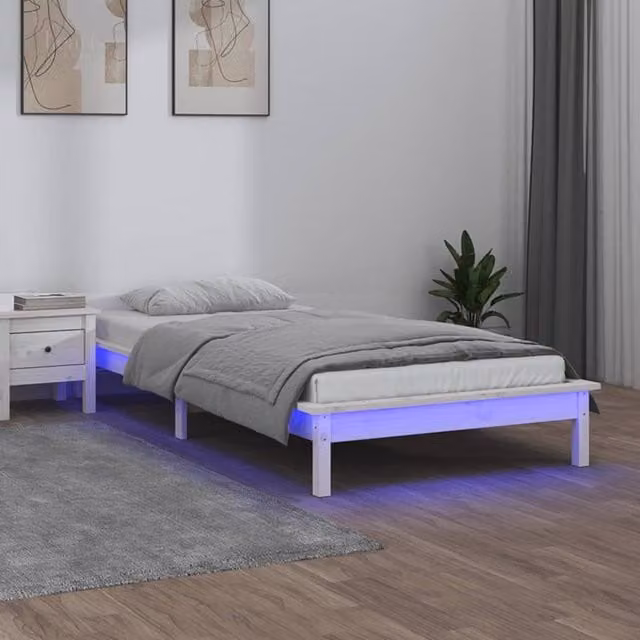 Berkfield Home White Solid Pine LED Bed Frame with USB Charging Port, W/D/H: 90 x 200 cm