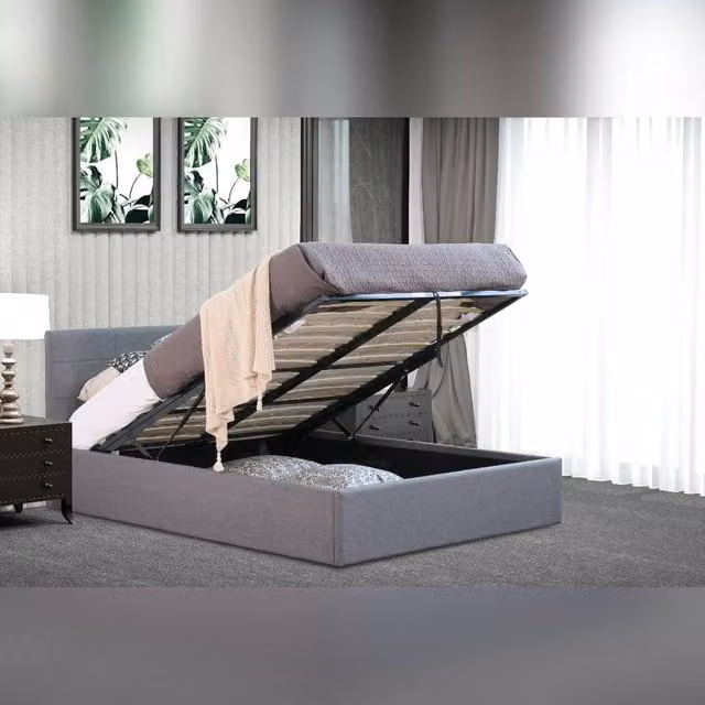 Comfy Living Ltd Grey Linen Fabric Upholstered Gas Lift Ottoman Bed, W/D/H: 180 x 200 cm
