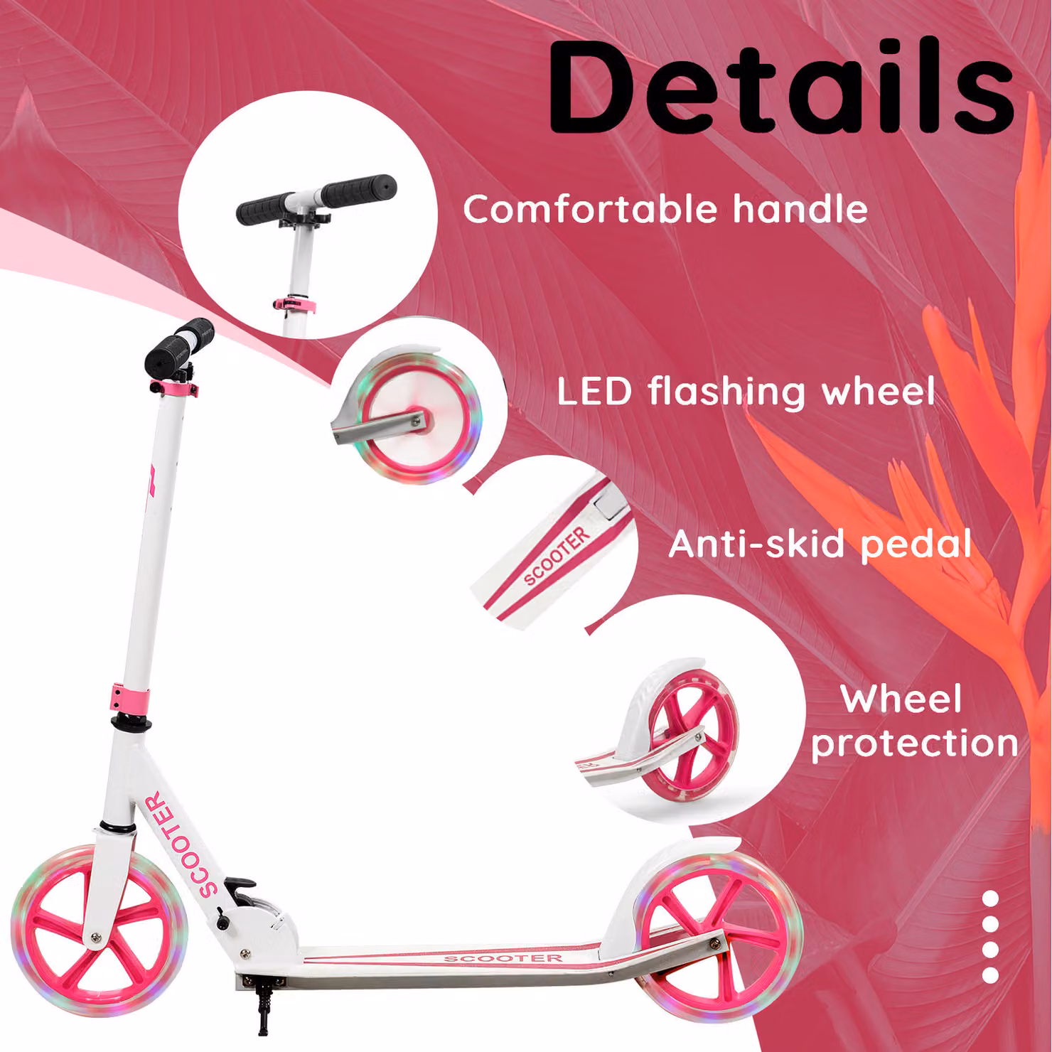Costway Foldable Metal Sports Scooter with Light and Sound in Pink – 2