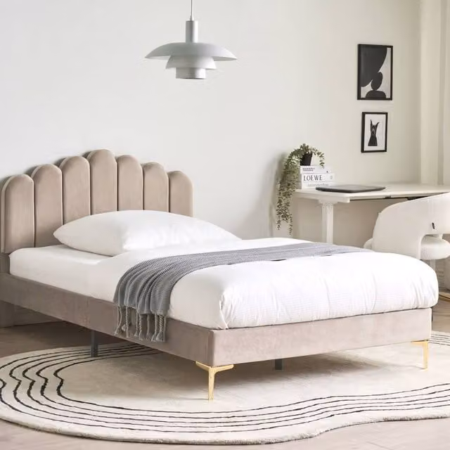 Wyld and Coco Velvet Small Double Bed in Beige with Adjustable Headboard and Slatted Base, W/D/H: 120 x 200 cm