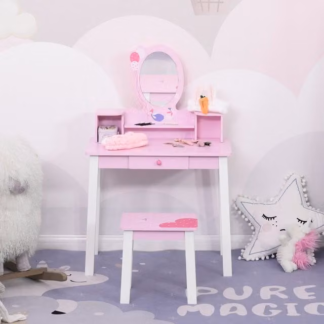 HOMCOM Kids Wooden Dressing Table and Stool, Pink