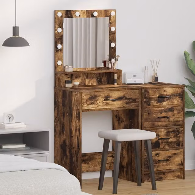 Berkfield Home Modern Makeup Table with Hollywood LED Lights in Smoked Oak Brown, W: 50 cm, D: 41 cm, H: 135 cm