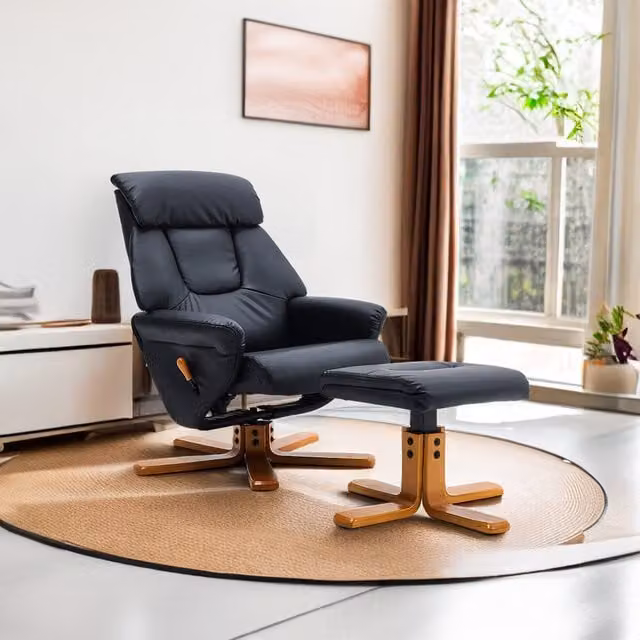 Livingandhome Modern Ergonomic Swivel Relax Recliner Chair with Ottoman in Black Synthetic Leather