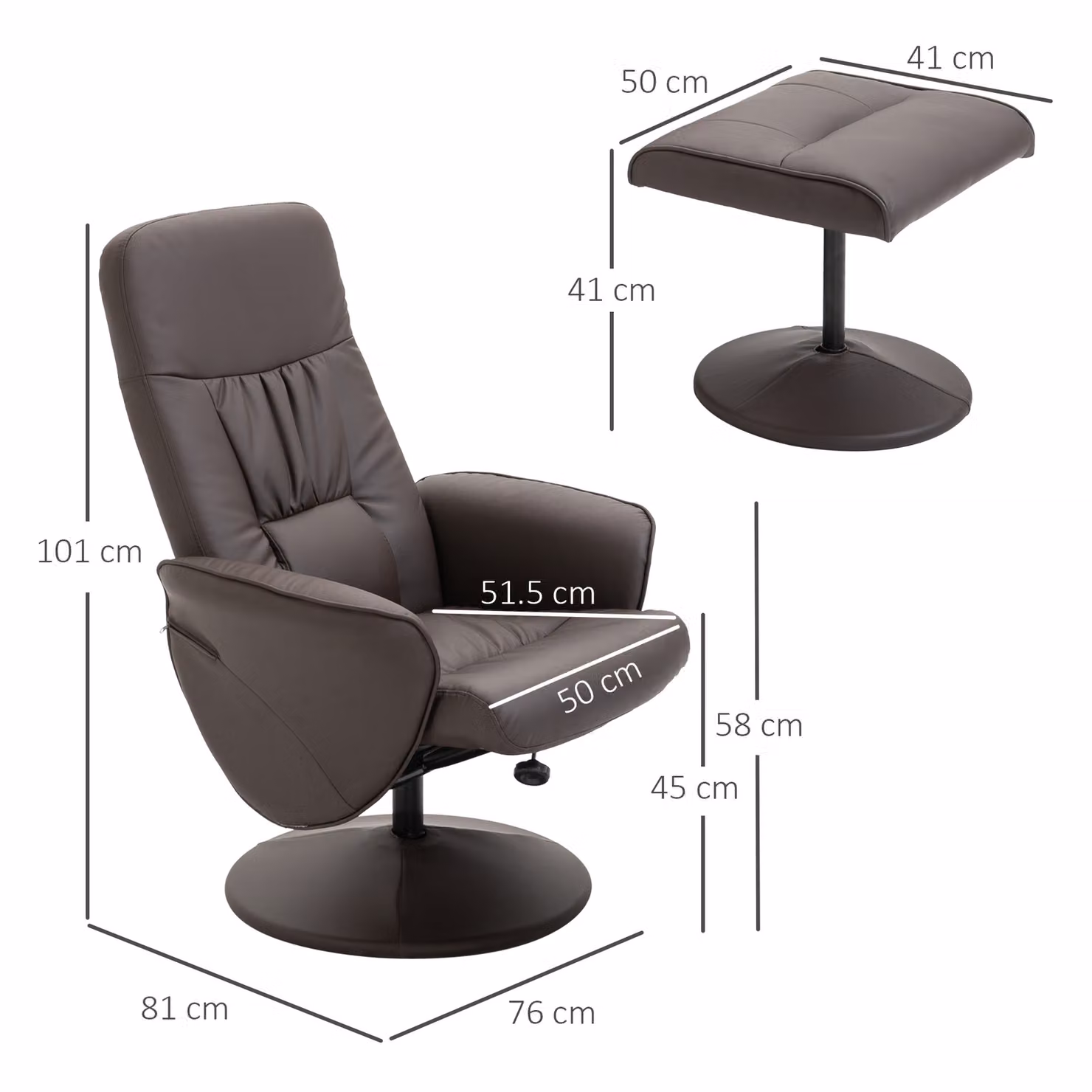 HOMCOM Executive Recliner Chair with Footstool, Brown Synthetic Leather High Back Armchair with 360 Degree Swivel and Manual Lever Recline – 3